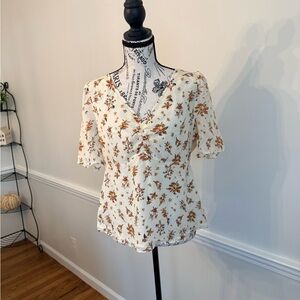 Madewell 100% Silk Floral Cream and Brown Women's Top